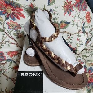 Bronx Zen Sandals Braided Brown Gold Leather 8.5-9
